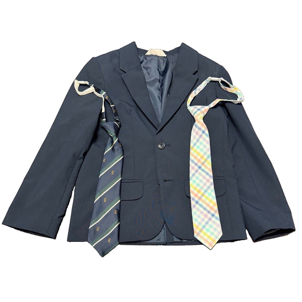 Cat & Jack Boys Sz 6 Navy 2-Button Blazer Suit Jacket, 2 Adjustable String Ties
